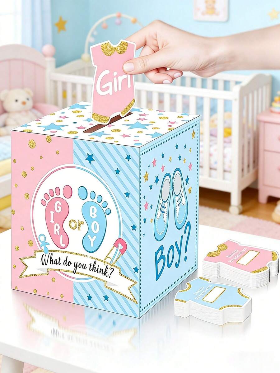 21件套性别揭晓投票盒，包含20张投票卡，适用于婴儿派对装饰、派对邀请函和投票游戏，性别揭晓派对用品（粉色、蓝色） - 包含1个盒子和20张卡片，颜色和款式随机。