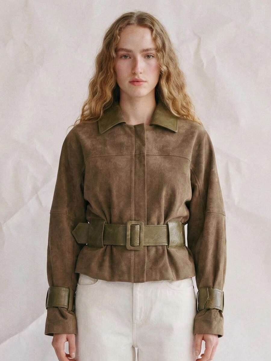 OUTTA BOX Suede & Faux Leather PU Patchwork Lapel PU Long Sleeve Jacket - Olive Green - View 1
