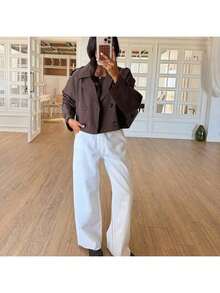 女士优雅单排扣插肩袖防风夹克，秋季服装 - 咖啡棕 - 查看 3