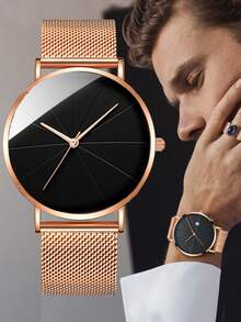 1 pieza Reloj de cuarzo minimalista de moda para hombres con correa de malla de doble esfera, adecuado para uso diario, regalo de cumpleaños, aniversario, promoción de fin de año, Día del Soltero, promoción de Halloween, sin caja de regalo - Oro rosa - Ver 3
