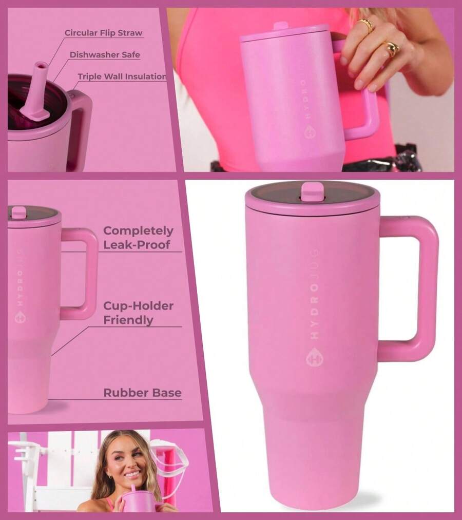 HYD Traveler - 40 Oz Water Bottle With Handle & Flip Straw - Fits In Cup Holder, Leak Resistant Tumbler-Reusable Insulated Stainless Steel & Rubber Base - Gifts For Women & Men - 太妃糖粉紅 - 查看 1
