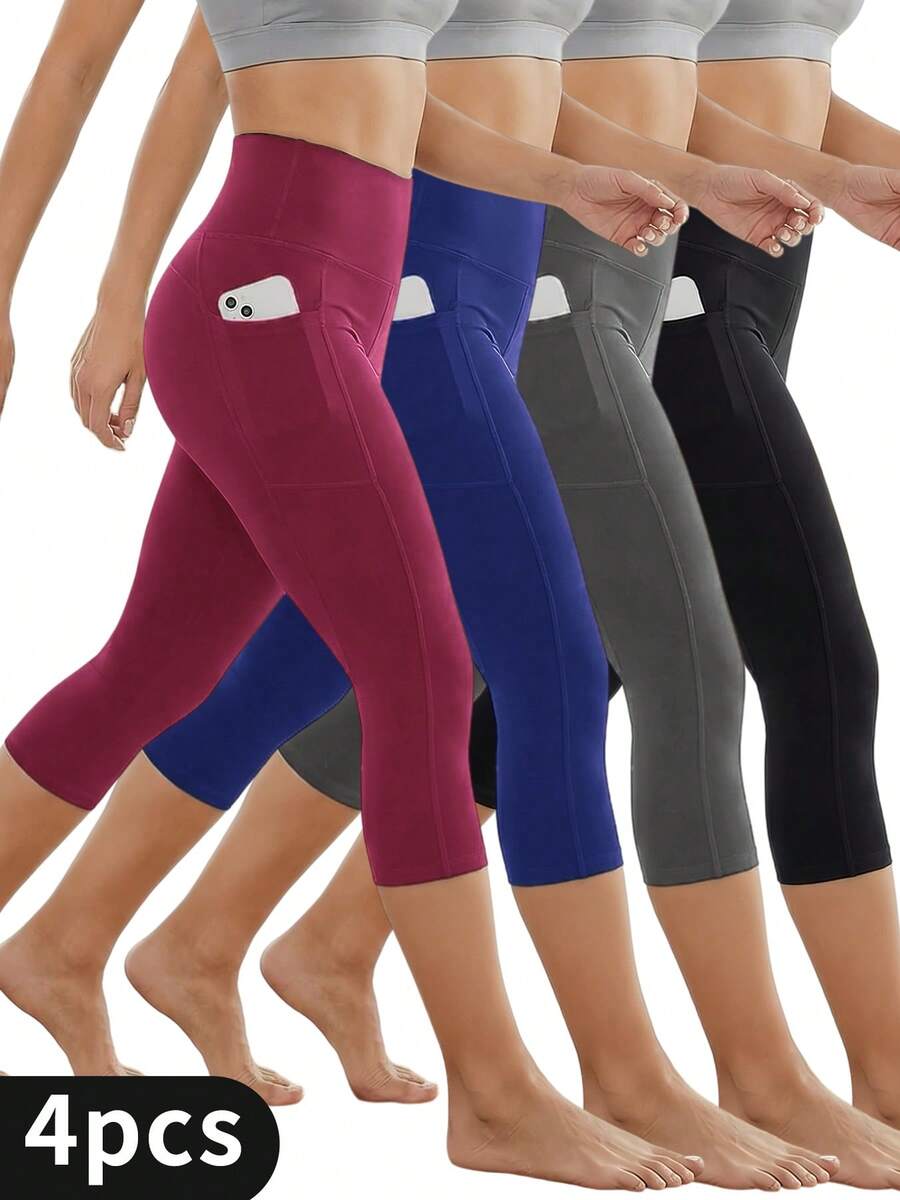 Women's 4 Pack Cotton Capri Pants -High Waisted Colored Cropped Pants, Tummy Control Stretchy Fit, Breathable Non-See-Through For Yoga, Travel, Daily Wear - 4 PCS (Black, Grey, Red, Blue) - View 1