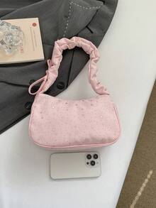 1个粉色尼龙法棍包，饰有星星图案，褶皱肩挎/腋下包，女士款，春季新品 - 粉色 - 查看 3