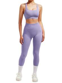 OMKAGI  Women's Seamless Casual Two-Piece Set - Stylish Back Strap Backless Top High-Waisted Tummy-Reducing And Hip-Raising Yoga Pants Yoga And Pilates Set European Style Streetwear Set - 紫丁香色 - 查看 7