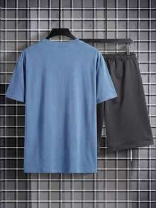 Simple Studio | Men's Summer Casual Round Neck Short Sleeve T-Shirt And Drawstring Waist Shorts Set - Dusty Blue - View 6