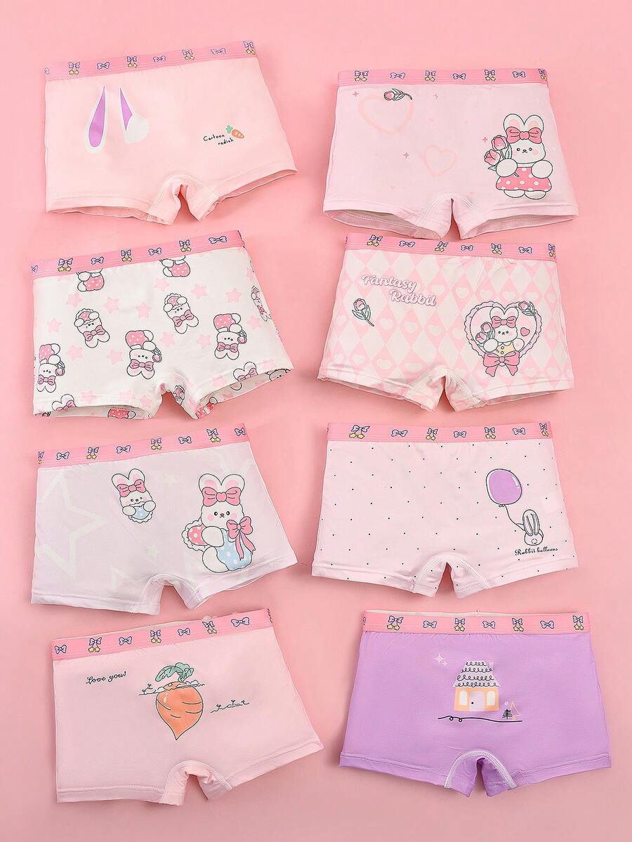 8pcs/Pack Girls' Cute Bow, Rabbit, Carrot Printed Comfortable Briefs, Children Underwear - Multicolor - View 1