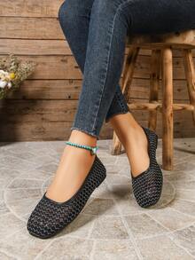 2026 Spring/Autumn Flat Hollow Slip-On Fishnet Mary Jane Shoes, Plus Size Women - Black - View 6