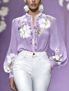 Áo kiểu chiffon cổ đứng tay phồng in hoa thanh lịch - Màu tím - Xem 1