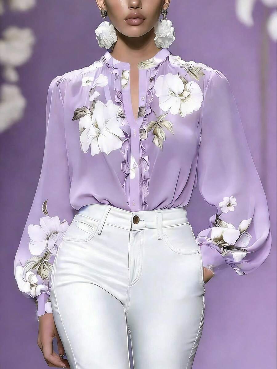 Áo kiểu chiffon cổ đứng tay phồng in hoa thanh lịch - Màu tím - Xem 1