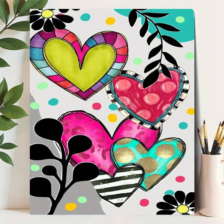 [Plano 2D sin marco][Uso artístico profesional] Kit de pintura al óleo digital de 1 pieza, kit de iniciación para principiantes, pintura decorativa de corazón colorido, pintura digital DIY, adecuada para decoración de pared de sala, dormitorio, gimnasio, regalo festivo, decoración de pared del hogar - Sin marco - Ver 1