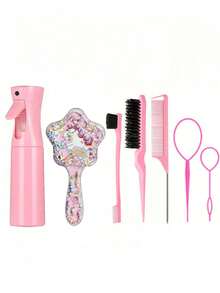 7pcs/Set Cartoon Star Comb & Spray Bottle Set, Cartoon Eiffel Tower Print Anti-Static Plastic Comb, Portable Pattern Hair Clip, High Pressure Mist Spray Bottle, Suitable For Teenagers And Normal Hair, Durable ABS Handle, Cute Square Design, Hair Styling Tool Set - Multicolor - View 9