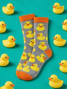 Cute Cartoon Yellow Duck Print Mid-Calf Socks, Unisex Creative Fashion Socks, Breathable Casual Socks For Spring/Summer, Suitable As Sweet Gift For Duck Fans - Multicolor - View 1