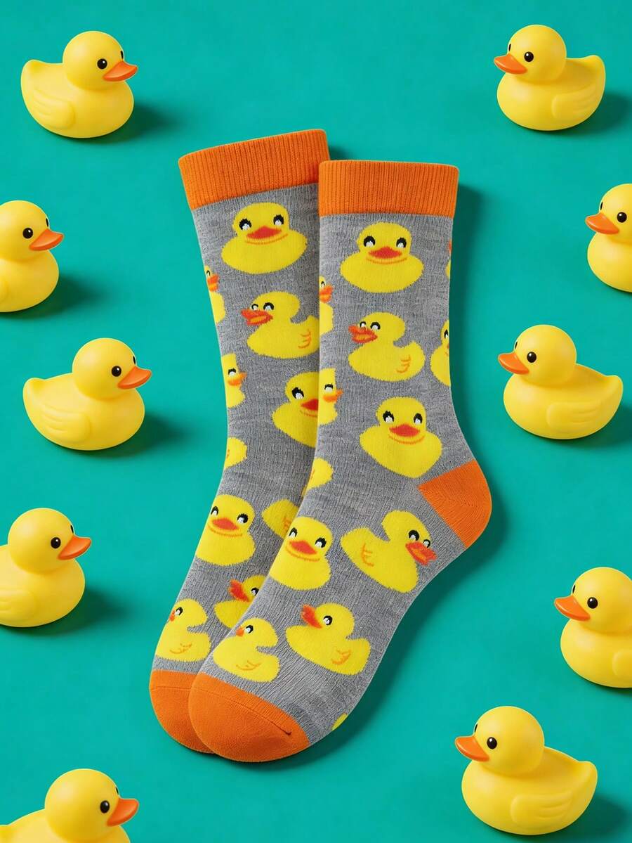 Cute Cartoon Yellow Duck Print Mid-Calf Socks, Unisex Creative Fashion Socks, Breathable Casual Socks For Spring/Summer, Suitable As Sweet Gift For Duck Fans - Multicolor - View 1