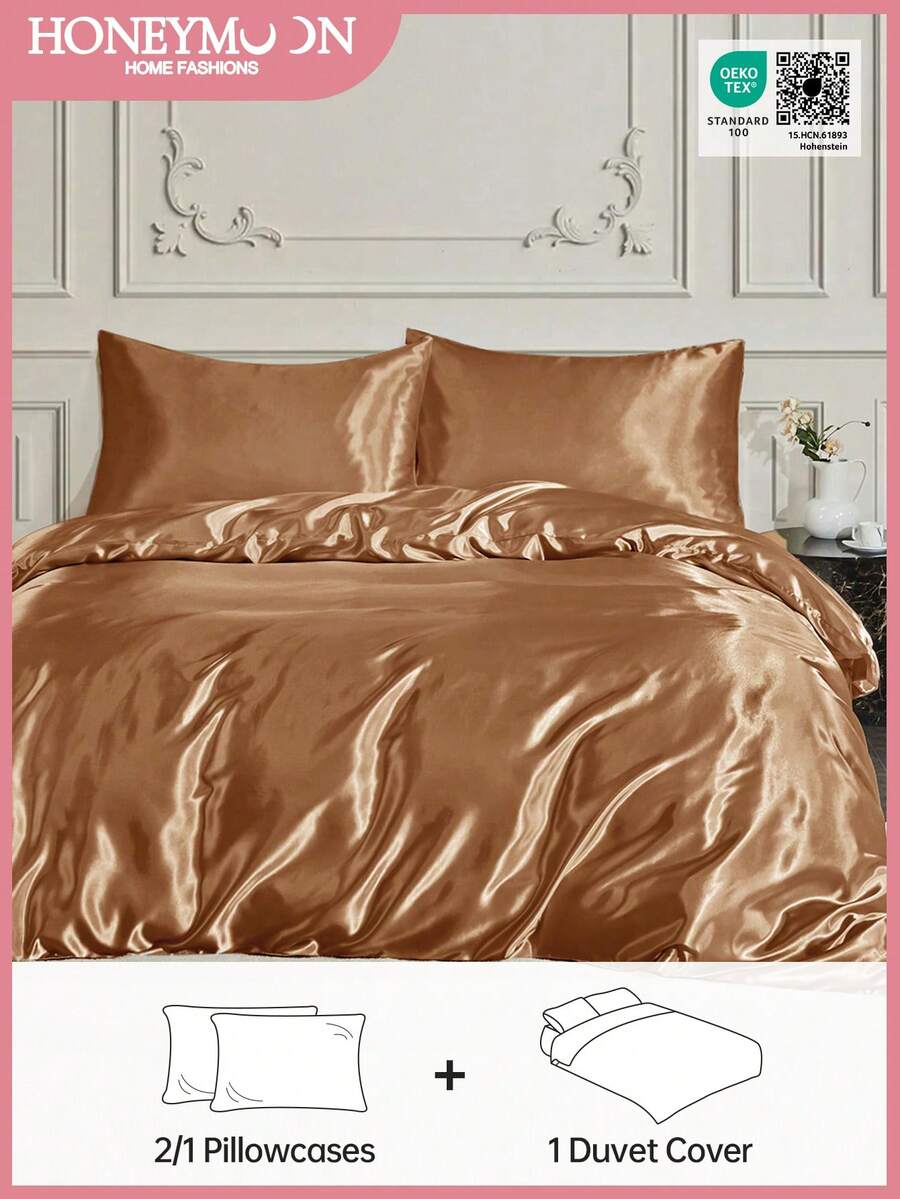 Set de huse de pilotă din satin 2/3 bucăți (1 husă de pilotă + 1/2 fețe de pernă) - Husă de pilotă și fețe de pernă din satin strălucitor (pilota nu este inclusă), moale ca mătasea, lavabilă la mașină - Potrivită pentru mărimile T/F/Q/K pentru casă și dormitor, certificat Oeko-Tex, portocaliu coral - Coral Orange - Vizualizare 1
