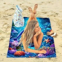 1pc Extra Large Quick Dry Beach Towel - Big Dolphin & Coral Reef Pattern, With Marine Life Motif - Soft Microfiber Towel, Suitable For Pool, Travel, Camping - Green Ocean Tone - Easy Care Beach & Pool Accessory, Vibrant Ocean Pattern, Fast Drying Fabric, Ultra Soft Material - Multicolor - View 12