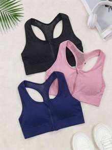 3pcs Women Seamless Zipper Sports Bra With Sheer Panels, Elastic Outerwear Enhances Chest & Back For Fitness - 彩色 - 查看 5