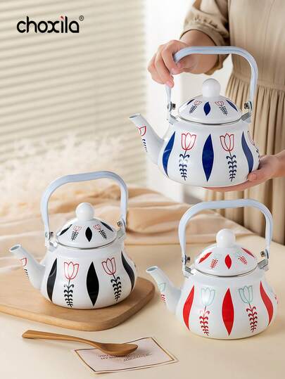 1pc Multi-Color Tulip Enamel Teapot, Multifunctional Teapot/Coffee Pot/Water Pot Suitable For Home Use, Can Be Directly Heated On Induction Cooktop Or Gas Stove, Decorative Teapot Suitable For Dining Table Decor, Holiday Gift Teapot
