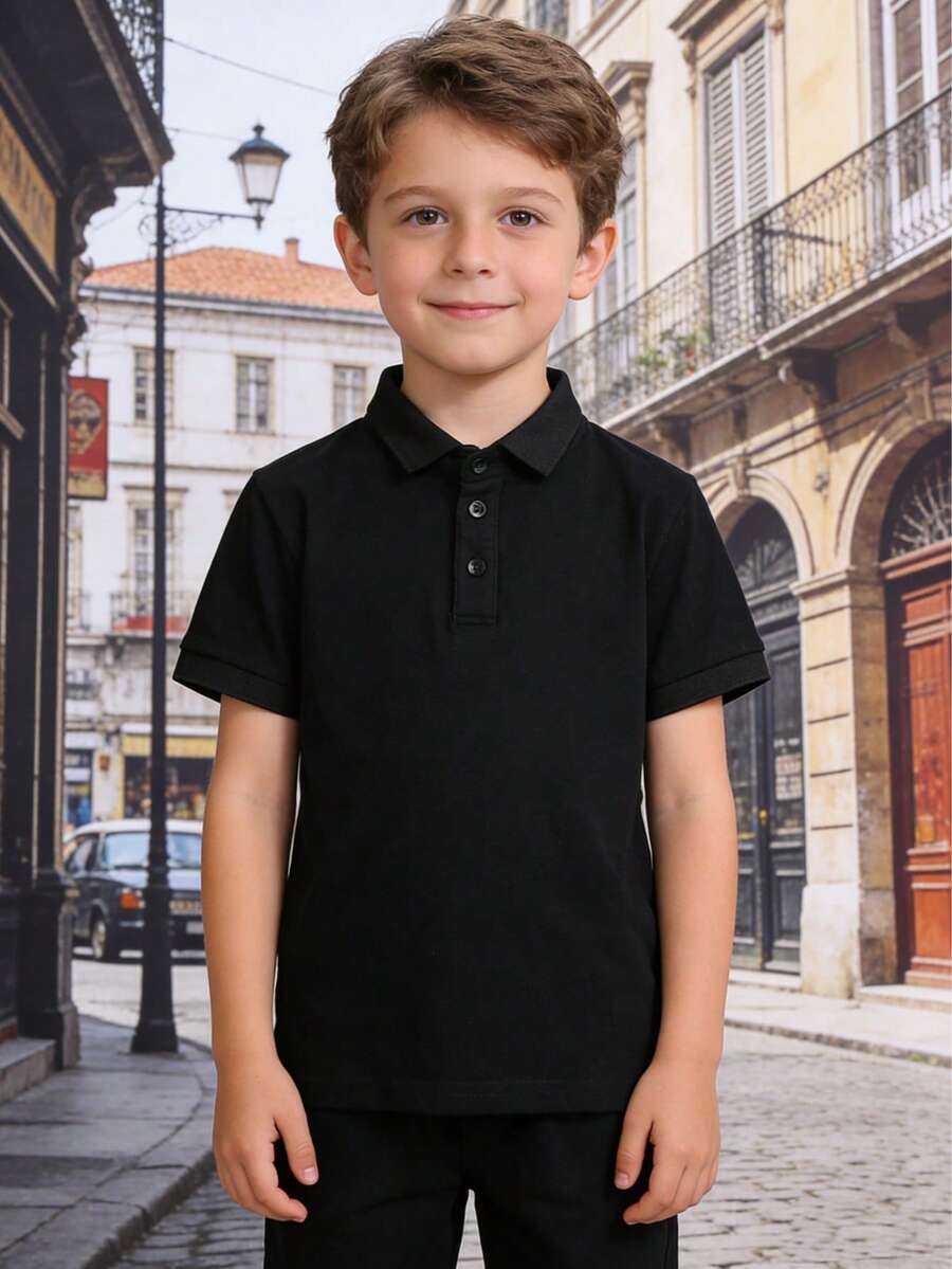 中性嬰兒純棉素色短袖 Polo 衫,修身舒適學院風 T-shirt,簡約優雅兒童基礎穿搭 - 黑色 - 查看 1