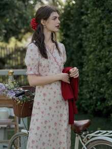 Women's Elegant Floral V-Neck Mid-Length Dress, Featuring Puff Sleeves Design, Perfect For Vintage Summer Dress Style - Apricot - View 8