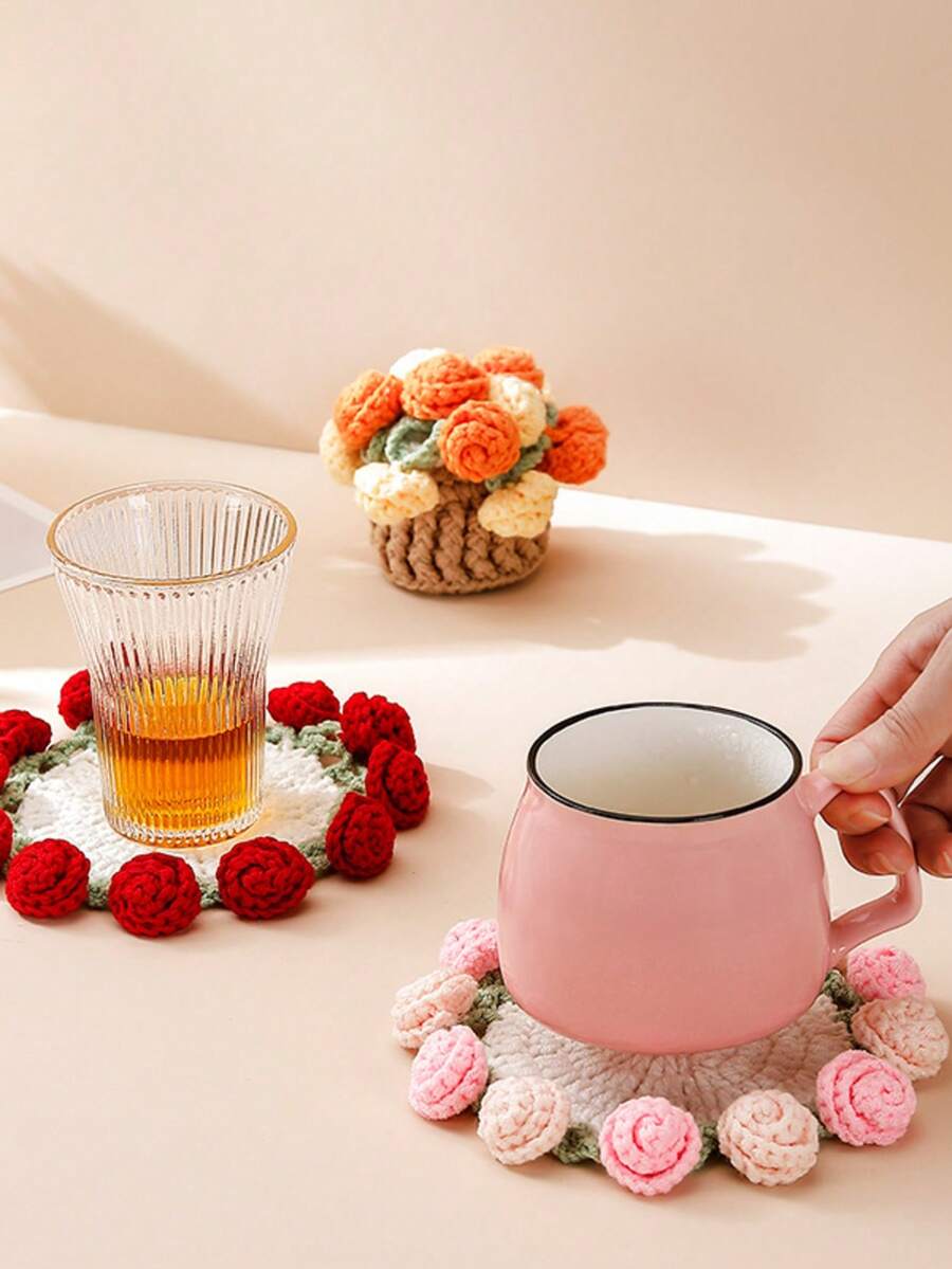 2 chiếc đế lót cốc hình hoa hồng đan móc thủ công có ngăn chứa đồ, đế lót cốc cách nhiệt, thảm lót cốc cà phê kiểu Trung Quốc dễ thương, đồ trang trí nhà bếp, quà tặng Ngày của Mẹ. - Nhiều màu - Xem 1