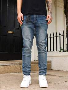 1 chiếc quần jean nam màu xanh denim co giãn, kiểu dáng đường phố năng động, thoáng khí, màu trơn, dáng ôm, phù hợp cho đi dạo phố, các hoạt động ngoài trời cùng gia đình, mọi mùa. - Màu xanh lam - Xem 5