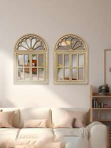 2pcs Khaki 2D Flat Wooden Mirrors, Decorative Fake Windows, Suitable For Home Decor, Garden Decor, Wall Hanging Ornaments - Multicolor - View 4