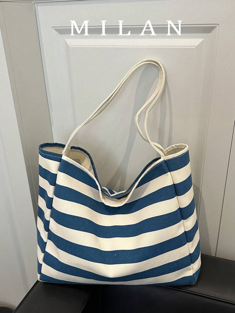 Túi tote vải bố kẻ sọc phong cách retro, dung tích lớn, đa năng, phù hợp cho công việc, trường học hoặc dã ngoại, có thể dùng làm ba lô học sinh, túi đi biển, túi mua sắm [Màu sọc dọc được sắp xếp ngẫu nhiên]