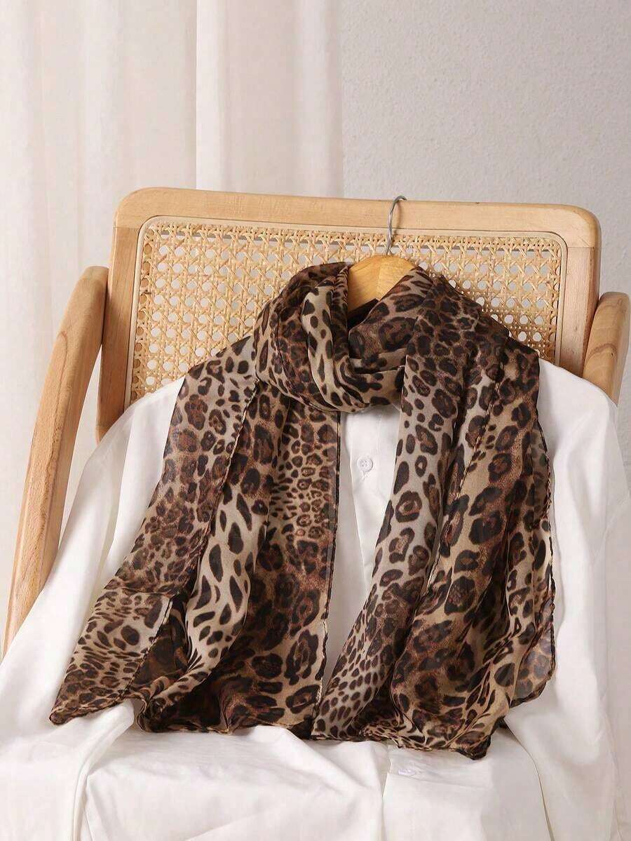 1pc Women's Full Print Leopard Chiffon Scarf, Lightweight, Soft, Portable, Bohemian Style, Elegant, Suitable For Daily, Casual, Outings, Holidays, Ideal Gift For Dress - 豹紋 - 查看 1