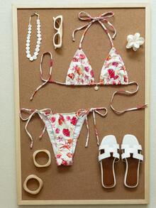 QKJ Seashell Print Triangle Bikini Top Halter Neck Tie Back Adjustable Slim Strap Soft Stretch Fabric Ruched Gathered Cup Detail Removable Padding Deep V Neck Minimal Coverage Enhances Bust Shape Center Front Metal Ring With Shell Charm Detail Paired With Matching Bikini Bottom Low Rise High Cut Leg - Hot Pink - View 3