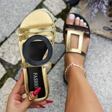 女士平底圆头几何图案优雅PU皮革不对称时尚沙滩拖鞋，适合度假、春夏穿着 - 黑金 - 查看 13