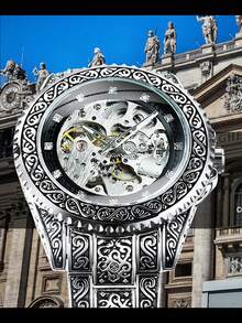 T-WINNER 1 pieza Reloj de pulsera automático mecánico clásico vintage para hombre con bisel giratorio, manecillas luminosas, esfera con decoración de diamantes, pulsera de acero inoxidable de lujo, para negocios y uso casual - Plateado - Ver 3
