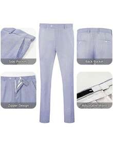 Men's Two-Piece Suit, Seersucker Fabric, Elegant Suit Jacket, Matching Trousers, Casual Business Wedding Suit, Men's Formal Suit, Wedding, Business Caformal Event Attire, Elegant Men's Wear, Exquisite Appearance, High-Quality Seersucker Material - 藍色 - 查看 7