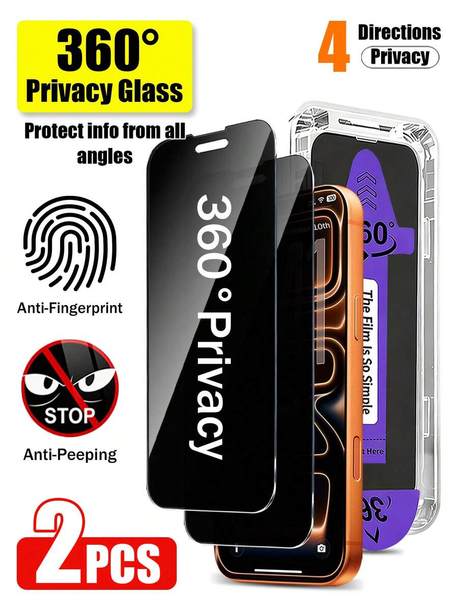 Yezodawee 360°防窥钢化玻璃屏幕保护膜，带安装套件和自动对齐套件，兼容 17 Pro Max/17 Pro/17 Air/17/16 Pro Max/16 Pro/16 Plus/16E/16/15 Pro Max/14 Pro Max/13 Mini/12/11系列，全覆盖，防指纹，防摔，防刮，9H硬度防碎钢化玻璃膜保护膜 - 黑色 - 查看 1