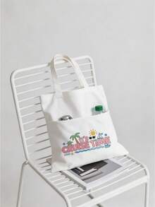 Pocket Vacation Tote Bag - Lightweight Large Capacity With Multiple Pockets For Convenient Access, Printed With "Time To Set Sail" Text, Summer Style Tote Bag, Travel Tote Bag, Washable And Reusable, Essential Travel Accessory - Multicolor - View 5