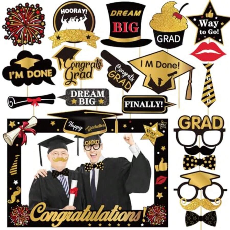 22 Pcs Black Gold Graduation Photo Booth Props 2026 -Large Size Graduation Photo Booth Frame And Congrats Class Of 2026 Photo Booth Props Set For Graduation Party Favors Supplies - Black Gold - View 1