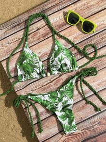 2026 Ensemble de bikini à imprimé floral décontracté avec dos nu et nœud, pour les vacances à la plage, printemps/été - Multicolore - Voir 1