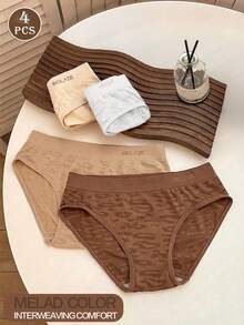 4pcs/Pack Seamless Mid-Waist Panties, Maillard Color Comfortable High Elasticity Triangle Briefs - Multicolor - View 2