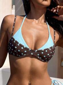 Bộ bikini chấm bi nữ, xanh dương và nâu, đồ bơi thể thao thường ngày, trang phục đi biển mùa hè, áo bikini lửng thanh lịch, phong cách nghỉ dưỡng, phong cách lễ hội âm nhạc Y2K, trang phục đi biển phong cách boho mùa xuân/hè. - xanh nâu - Xem 5