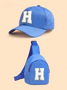 2 piezas Conjunto de gorra de béisbol con 26 letras y bolso bandolera para niños, gorra de sol azul ajustable + bolso de pecho casual, adecuado para uso diario - Azul - Ver 24