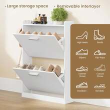 Shoe Cabinet Organizer With 2 Flip Drawers,Freestanding Shoe Rack Cabinet,Narrow Shoe Cabinet Storage For Entryway,Foyer, Hallway, White, 23.6" W * 6.3" D * 33.1" H - Xem 4