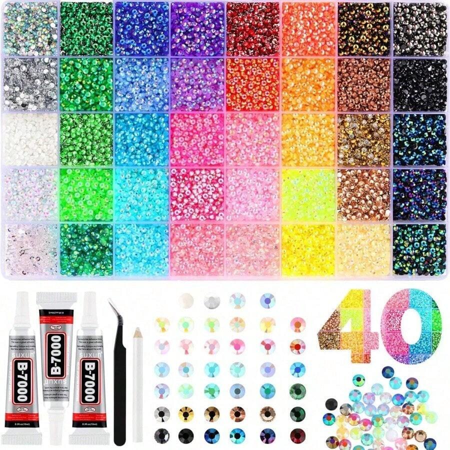 3mm Flat Crystal Diamond Mixed Color DIY Decoration Set, Includes Tweezers And B7000 Glue, Suitable For Clothing, Shoes, Phone Cases, Cups, Bags, Hats And Other Decorative Crafts And Gift Accessories - Multicolor - View 1