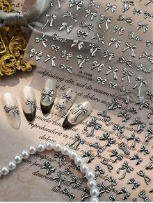 1片甜美金属蝴蝶结美甲贴纸，美甲师必备，5D立体浮雕金属蝴蝶美甲贴，自粘式美甲贴纸，DIY美甲，优雅女士礼物，甜美时尚美甲装饰 - 銀色 - 查看 3