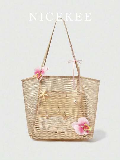 Fashionable Large Capacity Simple Daily Elegant Tote Bag, Niche Design Elegant Personalized Versatile Shoulder Bag, Casual Ocean Element Flower Underarm Bag, Suitable For Shopping, Vacation, Beach Parties