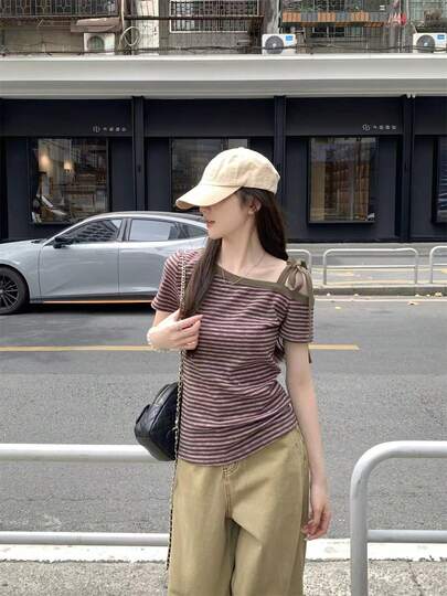 女士新款春夏韩版不对称领口系带复古粉绿条纹衬衫