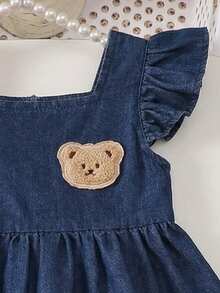 1 Set Baby Girls' Cute Denim Bear Applique Lightweight Puff Sleeve Crop Top + Ruffle Hem Shorts, Casual/Outing/Photo Shoot Adorable Outfit, Spring/Summer - Blue - View 3