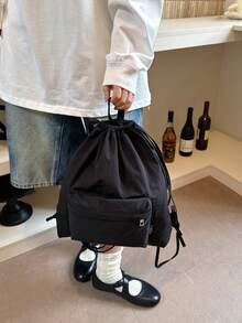 尼龙抽绳新款束口袋背包，大容量轻便男女通用运动健身休闲旅行背包 - 黑色 - 查看 3