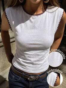 Áo thun nữ thường ngày cổ tròn viền hoa, thích hợp mặc mùa hè. - Đỏ và trắng - Xem 1