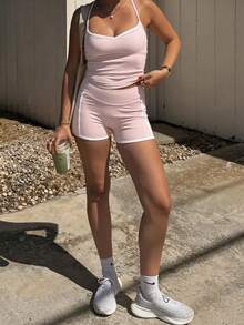 GAOVOT Women's Summer Two Pieces Color Contrast Sexy V-Neck Top And High Waist Tight Hip Lift Shorts Suit For Yoga Running Pilates Gym Pink - 粉色 - 查看 6