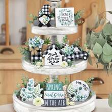 1/8pcs Spring Tiered Tray Decor, Farmhouse Eucalyptus Leaves Tray Decorations, Spring Gnome Wreath Buffalo Plaid Mason Jar Truck Wooden Signs, Rustic For Home Table Shelf Mantel Party - Nhiều màu - Xem 2