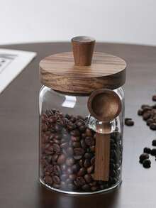 1/3 Glass Jar With Wooden Lid And Spoon, Airtight Kitchen Storage Canister For Spices, Coffee, Candy Etc., Thick Glass, Reusable, Hand Wash Only, Variations In Wood Lid Color And Grains Are Normal, Essential For Back To School - Multicolor - View 8
